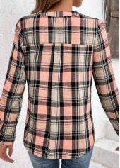 Plaid Ruched Pink Long Sleeve Split Neck Blouse