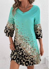 Leopard Printed Non-sequined Cyan Shift Dress