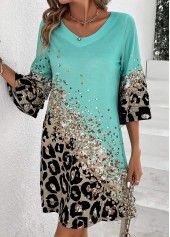 Leopard Printed Non-sequined Cyan Shift Dress