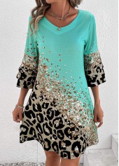 Leopard Printed Non-sequined Cyan Shift Dress