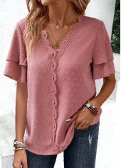 V Neck Lace Pink Short Sleeve Blouse