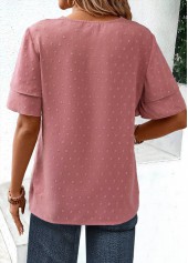 V Neck Lace Pink Short Sleeve Blouse