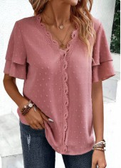 V Neck Lace Pink Short Sleeve Blouse
