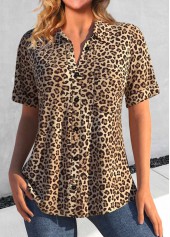 Leopard Button Dark Camel Short Sleeve Shirt Collar Blouse