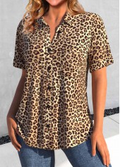 Leopard Button Dark Camel Short Sleeve Shirt Collar Blouse