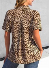 Leopard Button Dark Camel Short Sleeve Shirt Collar Blouse
