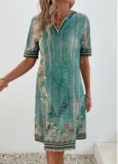 Floral Print Patchwork Green Shift Dress