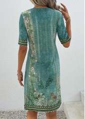 Floral Print Patchwork Green Shift Dress