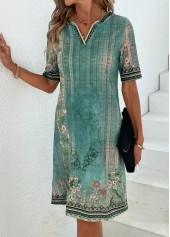 Floral Print Patchwork Green Shift Dress