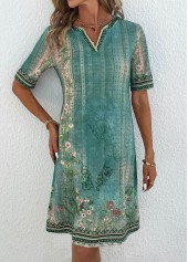 Floral Print Patchwork Green Shift Dress