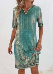 Floral Print Patchwork Green Shift Dress