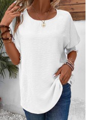 Half Sleeve Smocked White Round Neck T Shirt