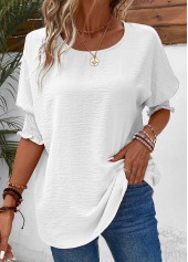 Half Sleeve Smocked White Round Neck T Shirt