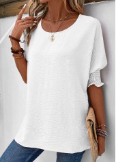 Half Sleeve Smocked White Round Neck T Shirt