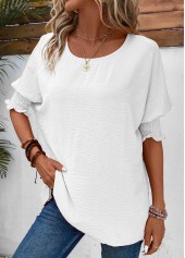 Half Sleeve Smocked White Round Neck T Shirt