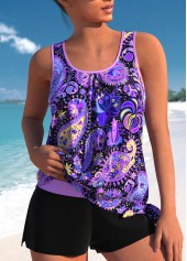 Mid Waisted Paisley Print Bowknot Purple Tankini Set