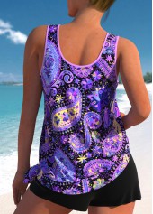 Mid Waisted Paisley Print Bowknot Purple Tankini Set