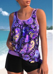 Mid Waisted Paisley Print Bowknot Purple Tankini Set