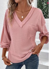 Patchwork V Neck Long Sleeve Pink T Shirt