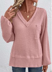 Patchwork V Neck Long Sleeve Pink T Shirt