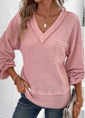 Patchwork V Neck Long Sleeve Pink T Shirt