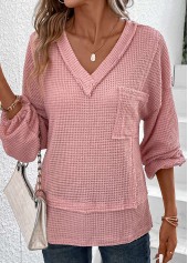 Patchwork V Neck Long Sleeve Pink T Shirt