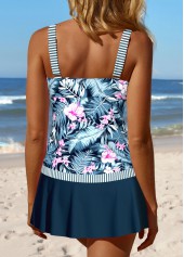Mid Waisted Tropical Plants Print Patchwork Tankini Set