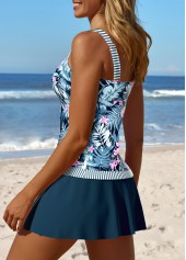 Mid Waisted Tropical Plants Print Patchwork Tankini Set