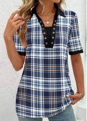 Plaid Eyelet Blue V Neck T Shirt