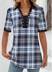 Plaid Eyelet Blue V Neck T Shirt