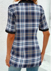 Plaid Eyelet Blue V Neck T Shirt
