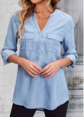 Denim Blue Split Neck Long Sleeve Pocket Blouse