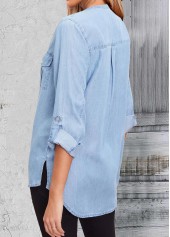 Denim Blue Split Neck Long Sleeve Pocket Blouse