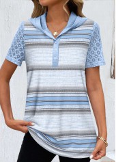 Striped Lace Light Blue Hooded T Shirt
