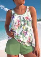 Mid Waisted Tropical Plants Print Bowknot Tankini Set