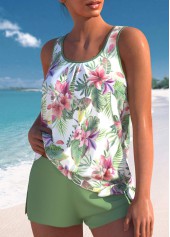 Mid Waisted Tropical Plants Print Bowknot Tankini Set