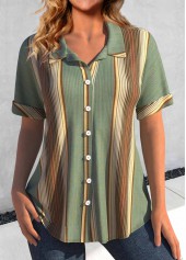 Striped Button Green Shirt Collar Short Sleeve Blouse