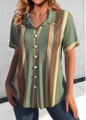Striped Button Green Shirt Collar Short Sleeve Blouse