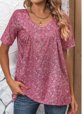 Ditsy Floral Print Ruched Pink Short Sleeve Blouse