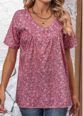 Ditsy Floral Print Ruched Pink Short Sleeve Blouse
