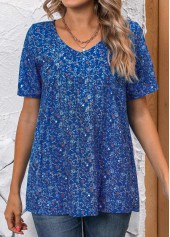 Ditsy Floral Print Ruched Sky Blue Short Sleeve Blouse