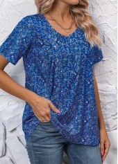 Ditsy Floral Print Ruched Sky Blue Short Sleeve Blouse