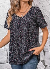 Ditsy Floral Print Ruched Black Short Sleeve Blouse