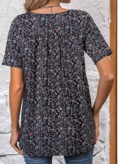 Ditsy Floral Print Ruched Black Short Sleeve Blouse
