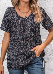 Ditsy Floral Print Ruched Black Short Sleeve Blouse