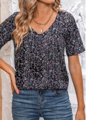Ditsy Floral Print Ruched Black Short Sleeve Blouse