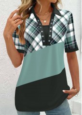 Plaid Eyelet Sage Green Short Sleeve Stand Collar Blouse