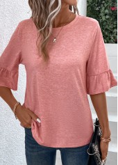 Button Round Neck Pink T Shirt
