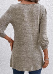 Ruched Light Camel Long Sleeve Square Neck T Shirt
