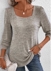 Ruched Light Camel Long Sleeve Square Neck T Shirt